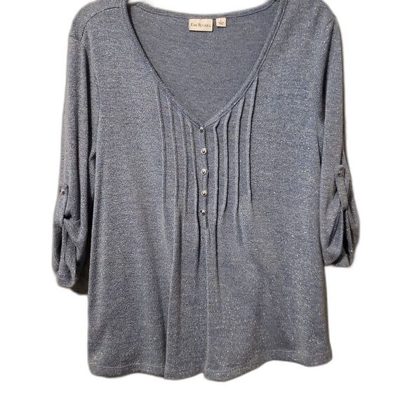 Kim Rogers Top Woman's Large Blue Sparkle Adjustable Sleeve V Neck Shirt - Picture 1 of 8